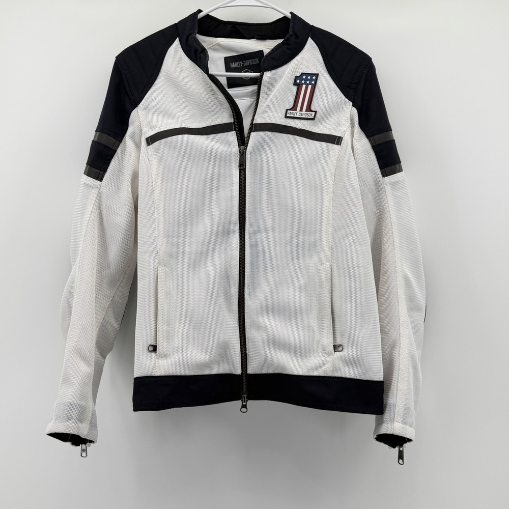 Harley-Davidson Mens White Black Mesh Riding Jacket Large #1 Logo Padded Elbows